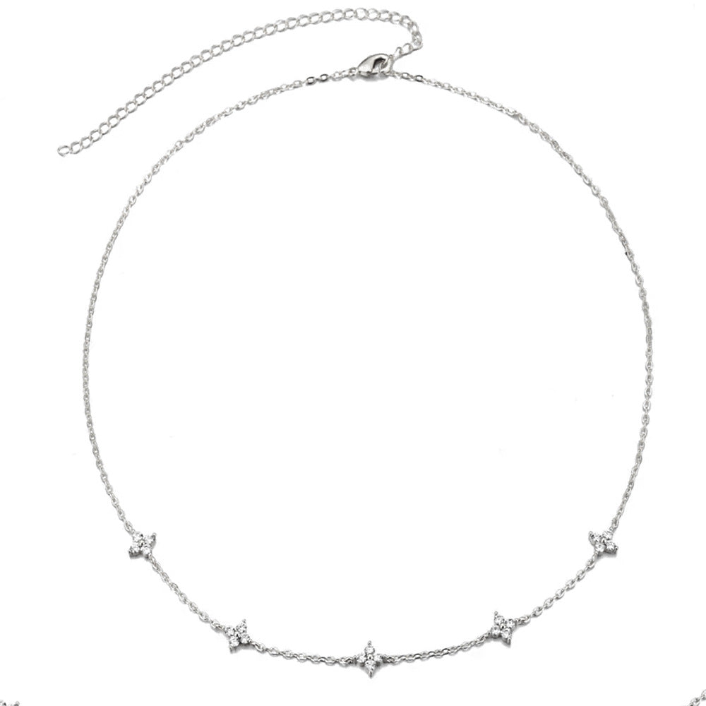Silver Alloy Flowers Necklace With Rhinestones Pendant On Cable Chain For Women