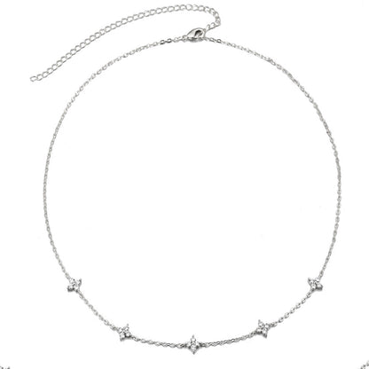 Silver Alloy Flowers Necklace With Rhinestones Pendant On Cable Chain For Women