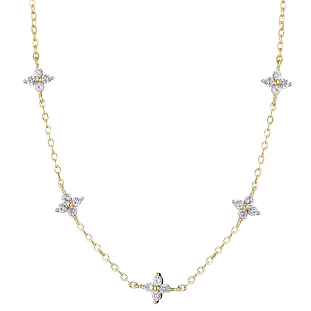 Silver Alloy Flowers Necklace With Rhinestones Pendant On Cable Chain For Women