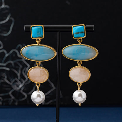 Retro Ocean Blue Stud Earrings With Artificial Pearl Inlay, Electroplated Zinc Alloy Clip Earrings