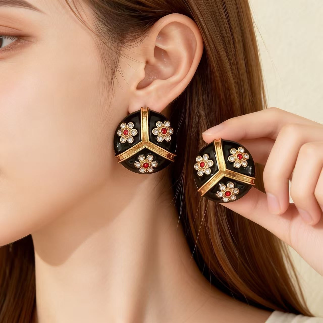 Unisex Flowers Stud Earrings For Everyday Wear Featuring Dyed Black Enamel And Rhinestones With 925 Sterling Silver Alloy Posts