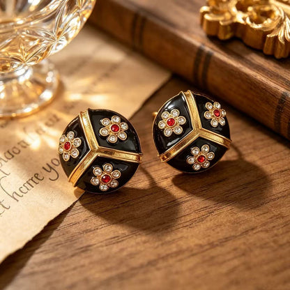 Unisex Flowers Stud Earrings For Everyday Wear Featuring Dyed Black Enamel And Rhinestones With 925 Sterling Silver Alloy Posts