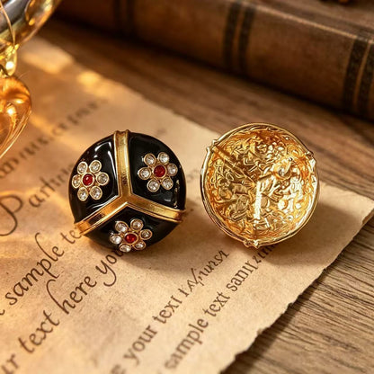 Unisex Flowers Stud Earrings For Everyday Wear Featuring Dyed Black Enamel And Rhinestones With 925 Sterling Silver Alloy Posts
