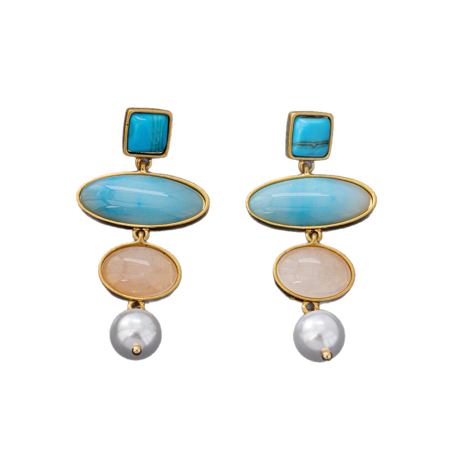 Retro Ocean Blue Stud Earrings With Artificial Pearl Inlay, Electroplated Zinc Alloy Clip Earrings