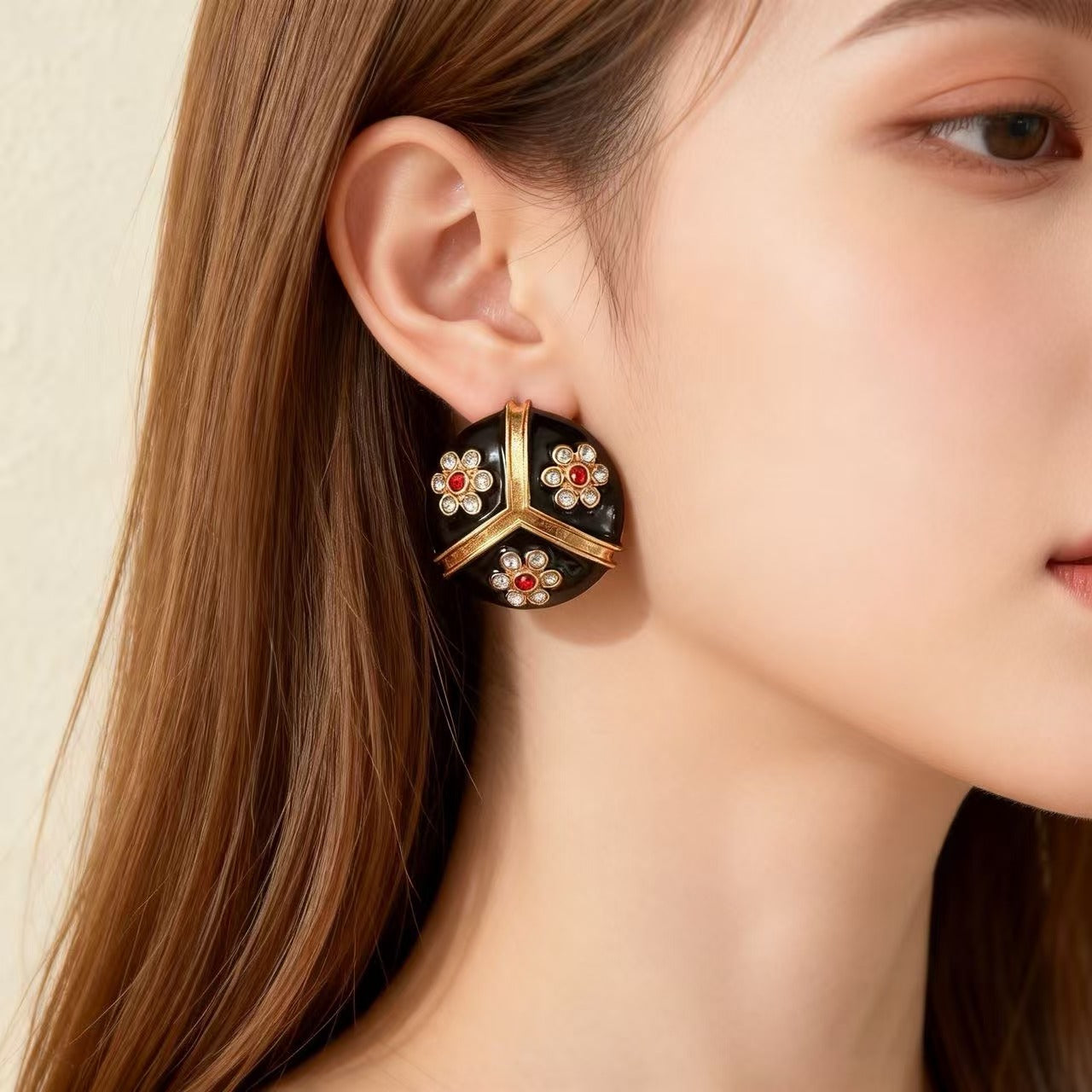 Unisex Flowers Stud Earrings For Everyday Wear Featuring Dyed Black Enamel And Rhinestones With 925 Sterling Silver Alloy Posts