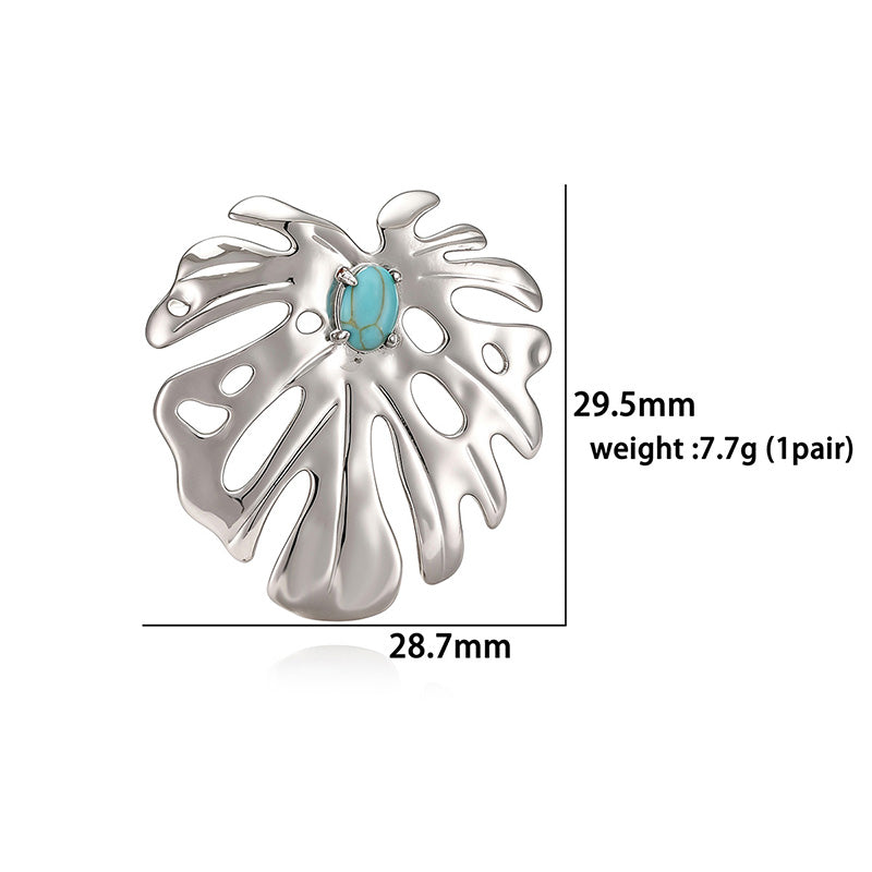 IG Style Leaf Stud Earrings With Zircon Inlay, Copper Base Featuring 18K Real Gold Water Plating