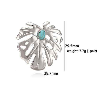 IG Style Leaf Stud Earrings With Zircon Inlay, Copper Base Featuring 18K Real Gold Water Plating
