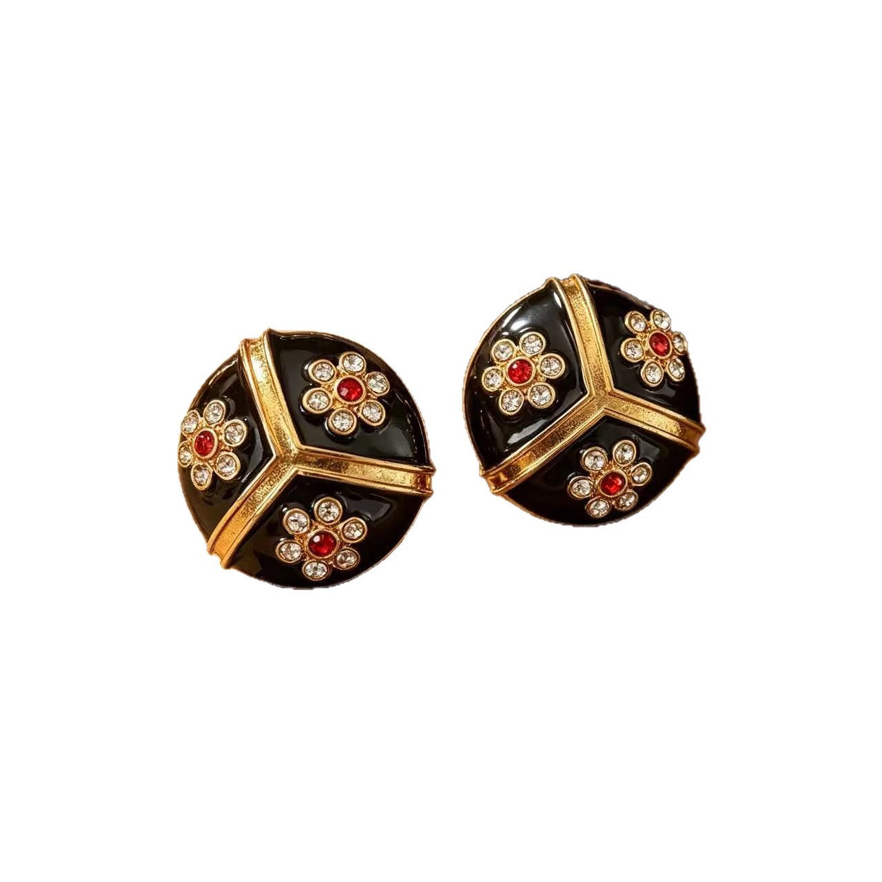 Unisex Flowers Stud Earrings For Everyday Wear Featuring Dyed Black Enamel And Rhinestones With 925 Sterling Silver Alloy Posts