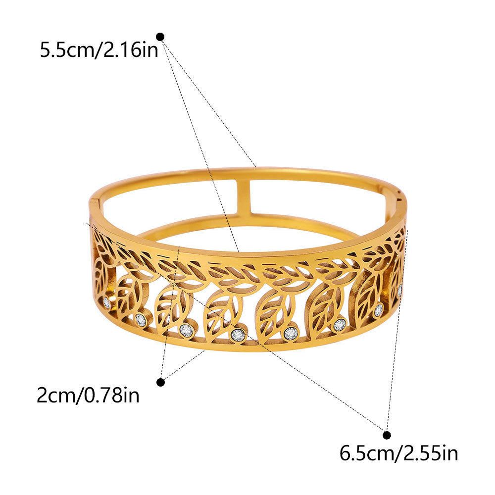 Exaggerated Leaves Wide Bracelet For Women In Titanium Steel With Rhinestone Inlay And Electroplated Gold Plating