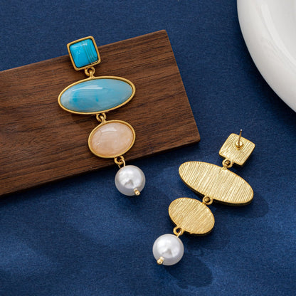 Retro Ocean Blue Stud Earrings With Artificial Pearl Inlay, Electroplated Zinc Alloy Clip Earrings