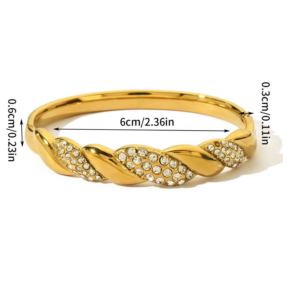 Simple Style Stripe Inlay Bangle In Titanium Steel With Rhinestones, Available In Gold