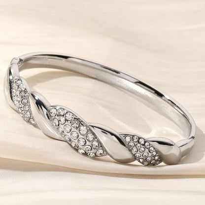 Simple Style Stripe Inlay Bangle In Titanium Steel With Rhinestones, Available In Gold