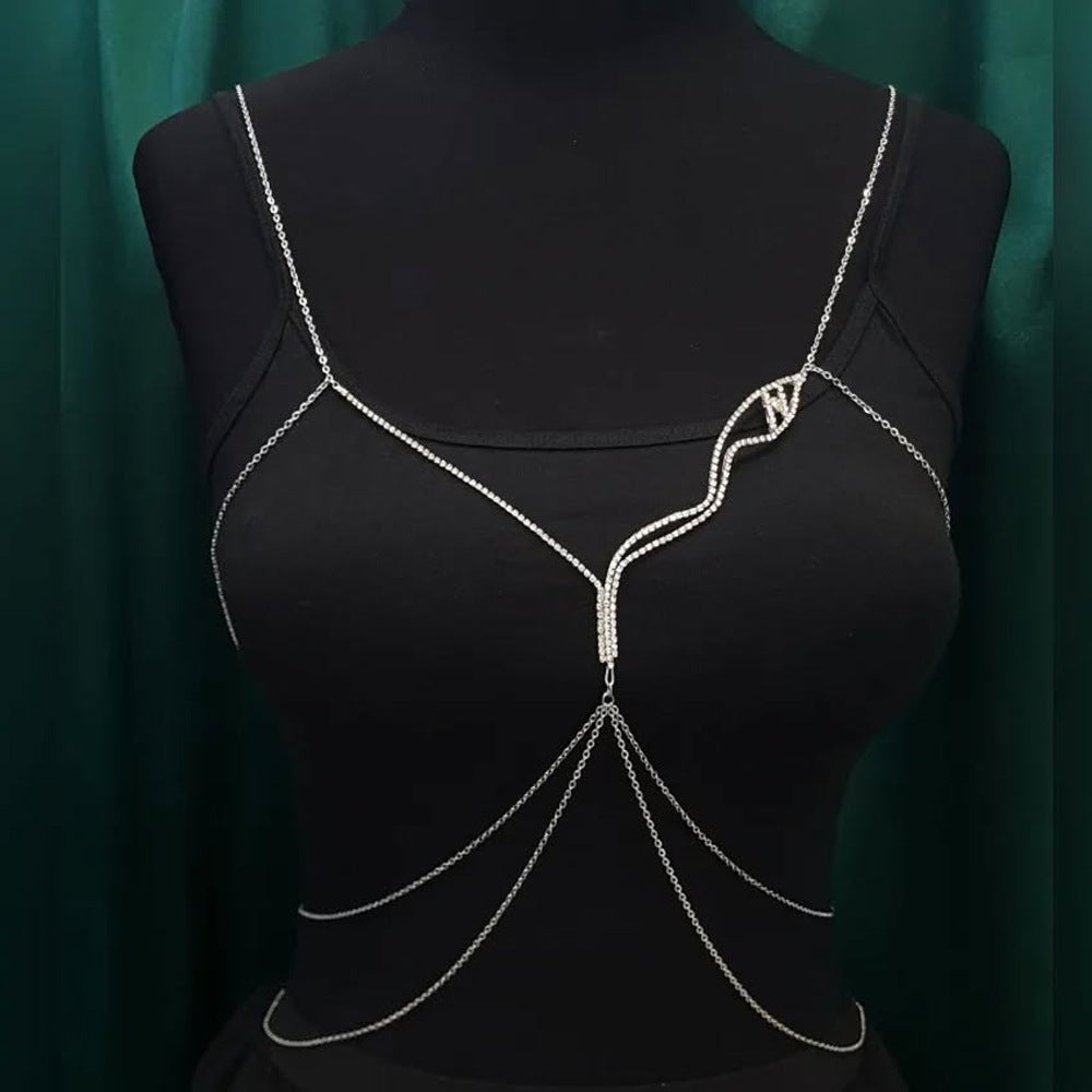 Silver Body Chain For Women Featuring Snake Pattern With Electroplated Finish And White Crystal Rhinestones