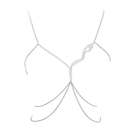 Silver Body Chain For Women Featuring Snake Pattern With Electroplated Finish And White Crystal Rhinestones