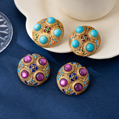 For Unisex Purple Enamel Stud Earrings Featuring Electroplated Craft And 925 Sterling Silver Posts In Zinc Alloy