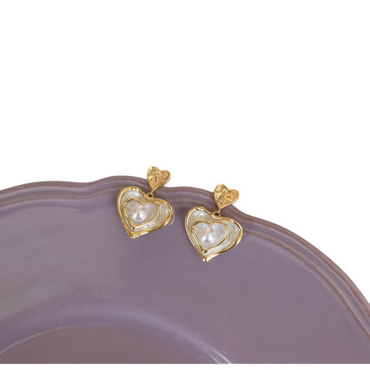 Retro Heart Shape Stud Earrings For Women With Alloy Posts And Artificial Pearl Inlay
