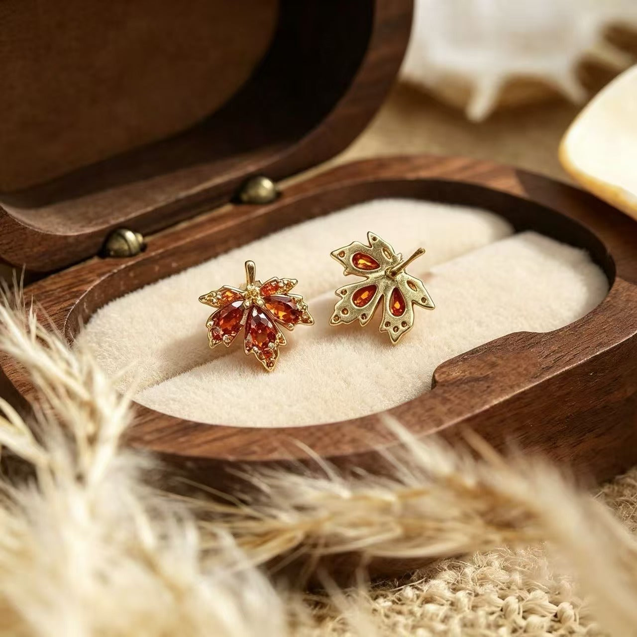 Maple Leaf Stud Earrings For Women In Copper With Zircon Inlay, Featuring 925 Sterling Silver Posts In Sweet Style