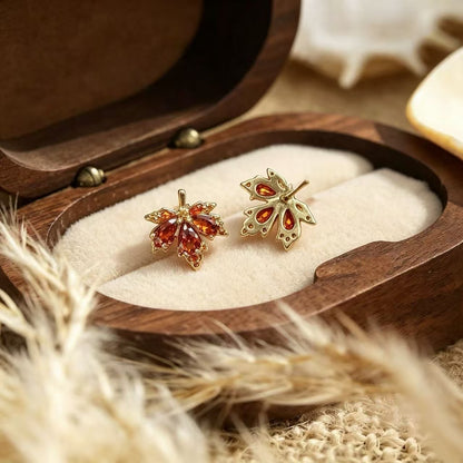 Maple Leaf Stud Earrings For Women In Copper With Zircon Inlay, Featuring 925 Sterling Silver Posts In Sweet Style
