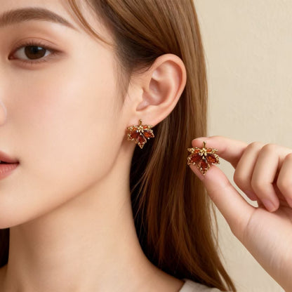 Maple Leaf Stud Earrings For Women In Copper With Zircon Inlay, Featuring 925 Sterling Silver Posts In Sweet Style