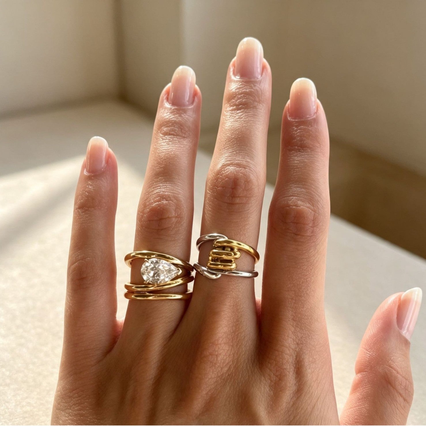 Unisex Color Block Two Tone Rings In 304 Stainless Steel With PVD Coated Real Gold Plated Finish