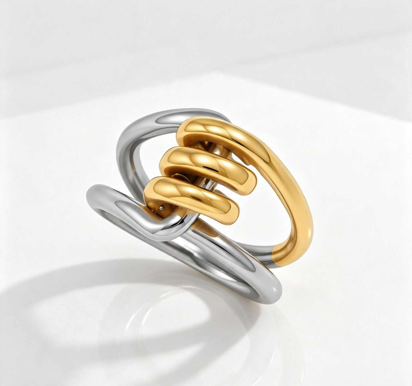 Unisex Color Block Two Tone Rings In 304 Stainless Steel With PVD Coated Real Gold Plated Finish