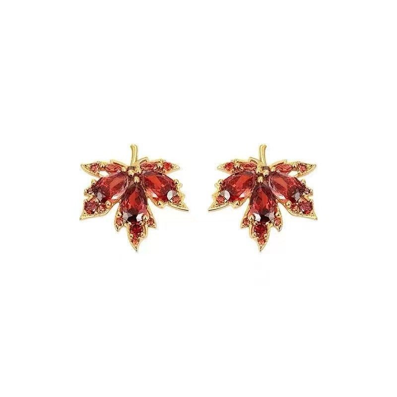 Maple Leaf Stud Earrings For Women In Copper With Zircon Inlay, Featuring 925 Sterling Silver Posts In Sweet Style