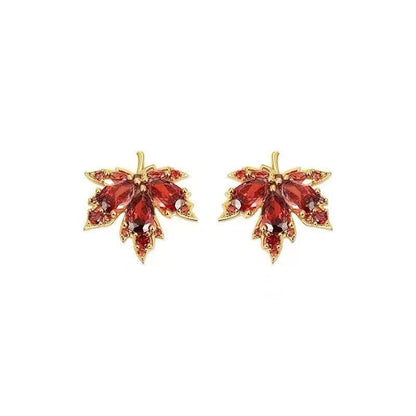 Maple Leaf Stud Earrings For Women In Copper With Zircon Inlay, Featuring 925 Sterling Silver Posts In Sweet Style