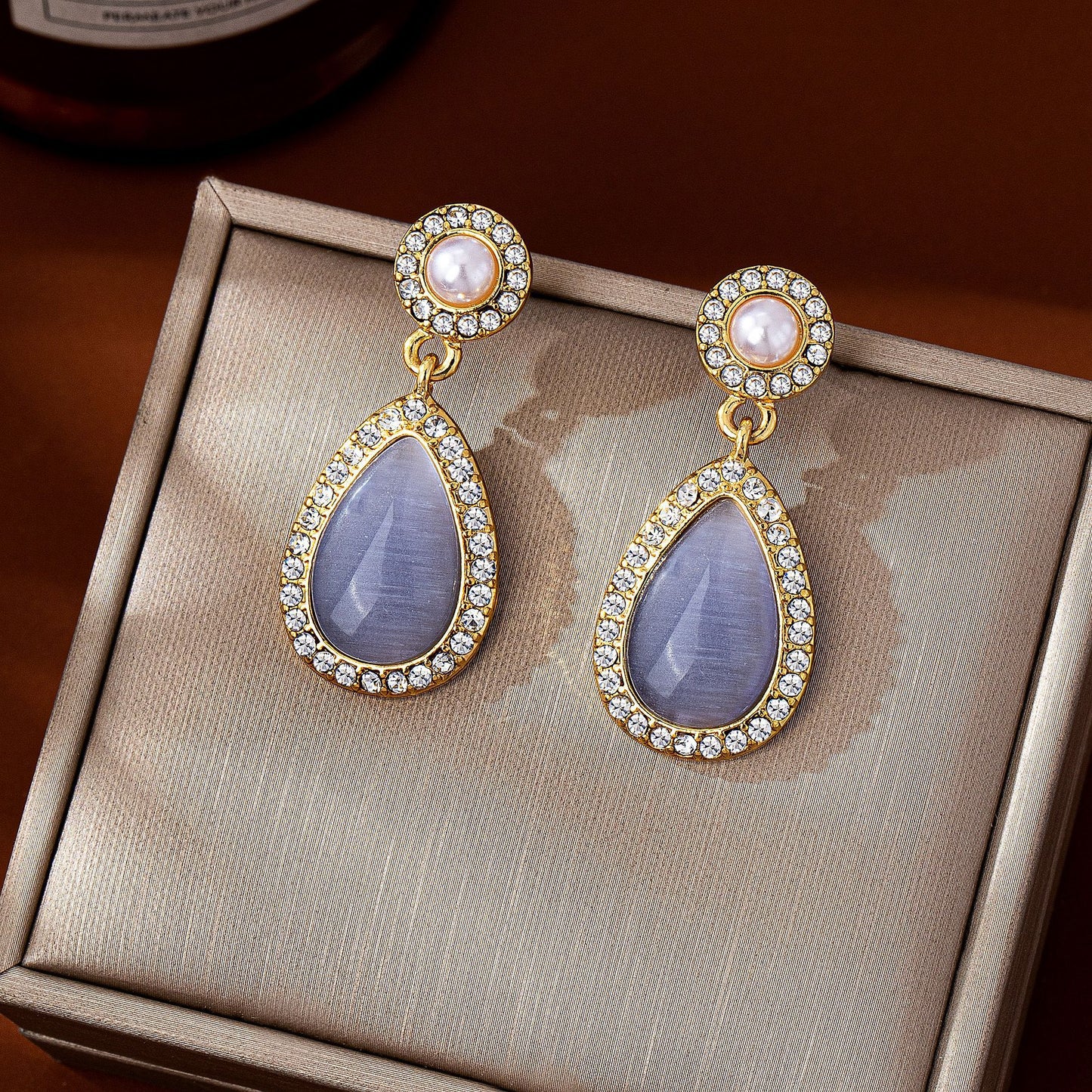 Water Droplets Stud Earrings For Unisex Featuring Purple Cat's Eye Stone In Zinc Alloy With 925 Sterling Silver Posts