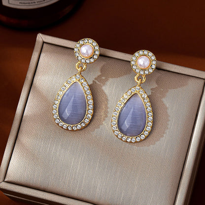Water Droplets Stud Earrings For Unisex Featuring Purple Cat's Eye Stone In Zinc Alloy With 925 Sterling Silver Posts