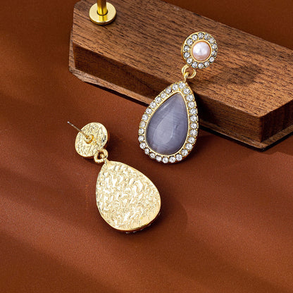 Water Droplets Stud Earrings For Unisex Featuring Purple Cat's Eye Stone In Zinc Alloy With 925 Sterling Silver Posts