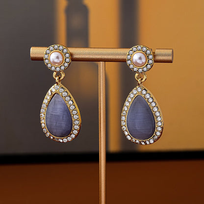 Water Droplets Stud Earrings For Unisex Featuring Purple Cat's Eye Stone In Zinc Alloy With 925 Sterling Silver Posts