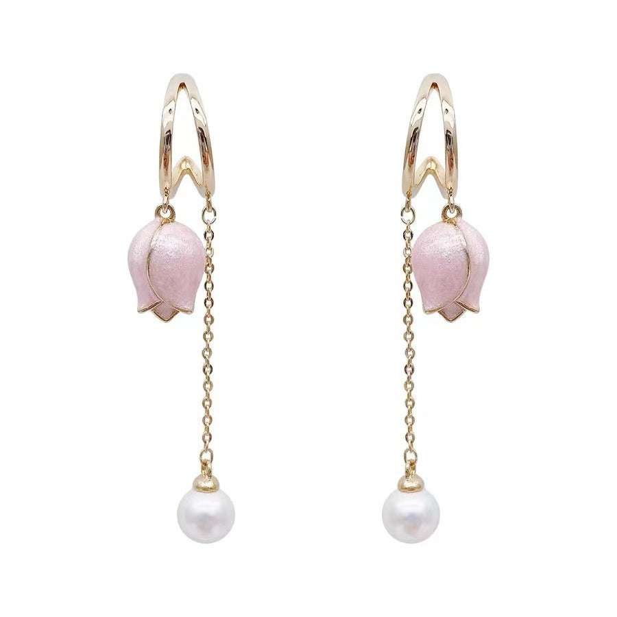 Sweet Flowers Tassel Earrings For Unisex In Natural Pink Alloy, Featuring Stud Design