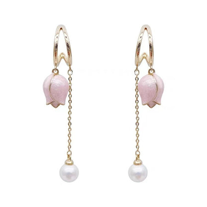 Sweet Flowers Tassel Earrings For Unisex In Natural Pink Alloy, Featuring Stud Design