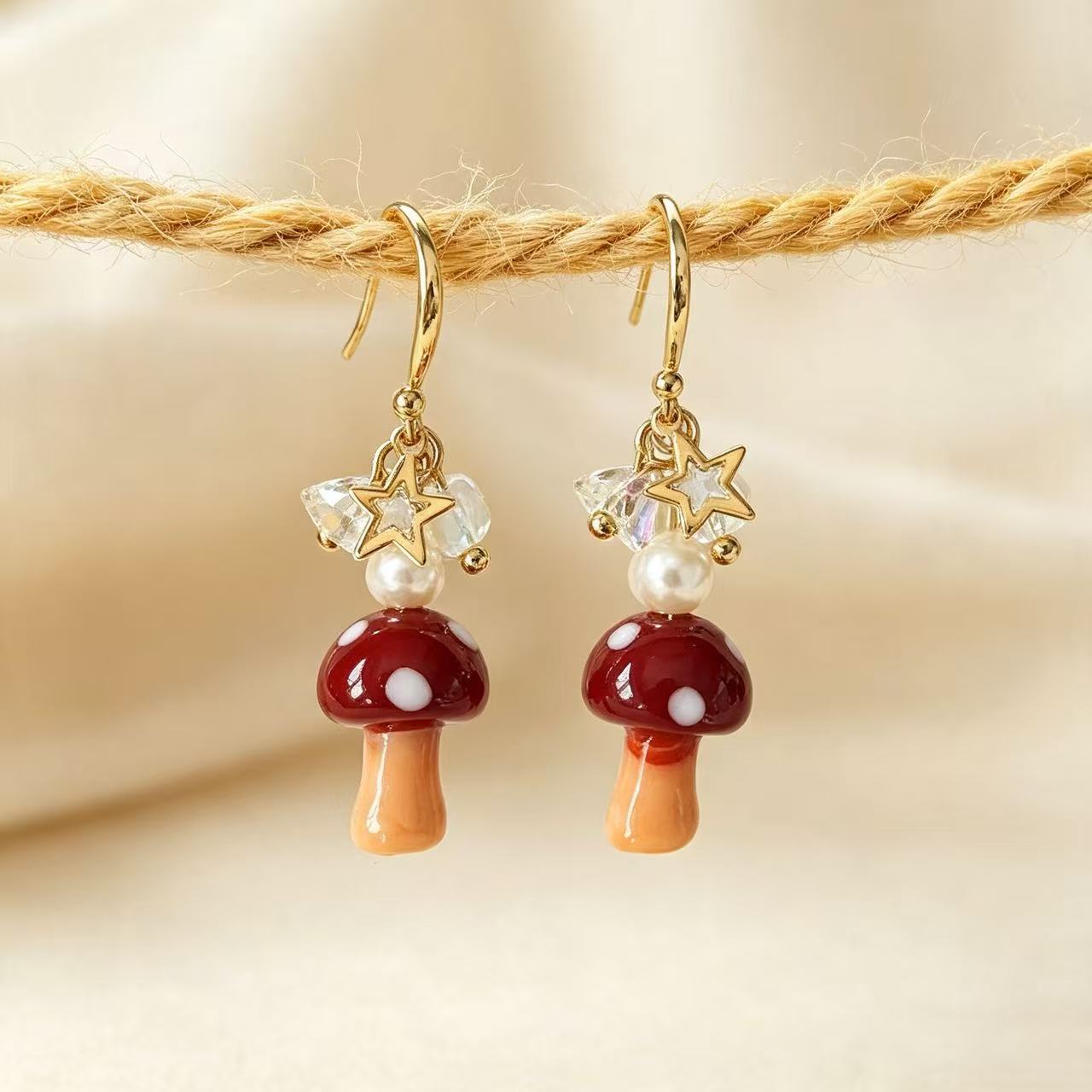 Mushroom Glass Earrings For Women Featuring Electroplated Finish And Copper Studs In A Sweet Style