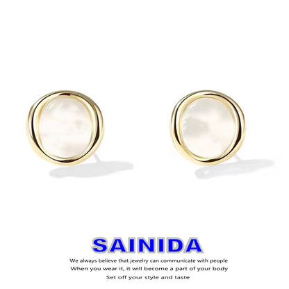 Geometric Stud Earrings For Women Featuring Cat's Eye Stone In Alloy With 925 Sterling Silver Posts,