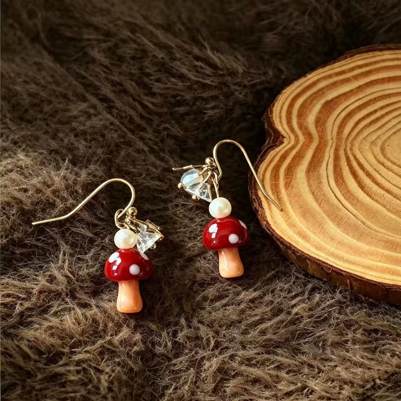 Mushroom Glass Earrings For Women Featuring Electroplated Finish And Copper Studs In A Sweet Style