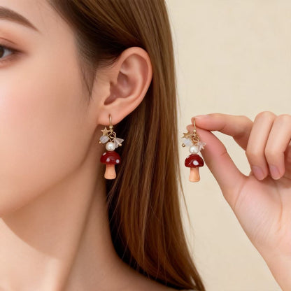 Mushroom Glass Earrings For Women Featuring Electroplated Finish And Copper Studs In A Sweet Style