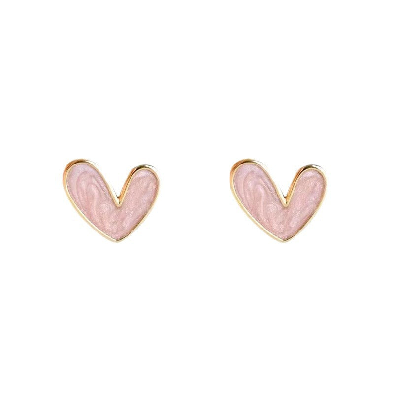 Sweet Heart Shape Stud Earrings For Women With Natural Pink Enamel Finish In Alloy
