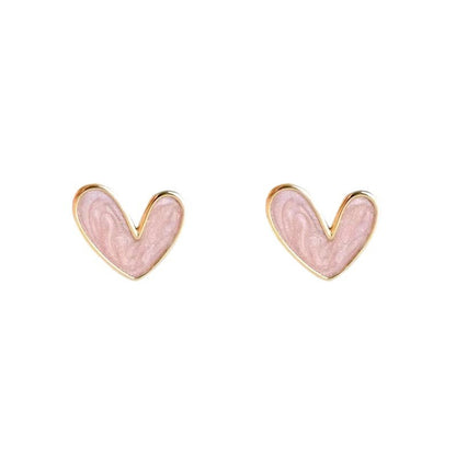 Sweet Heart Shape Stud Earrings For Women With Natural Pink Enamel Finish In Alloy