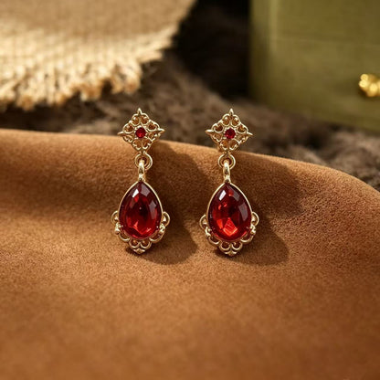 Water Droplets Earrings For Women In Red Alloy With 925 Sterling Silver Studs And Gem Inlay