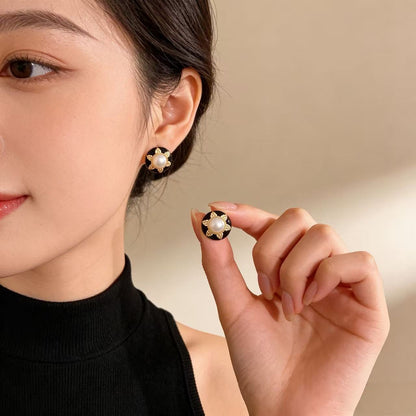 Round Baroque Style Stud Earrings With 925 Sterling Silver Posts And Enamel Finish In Silver Alloy