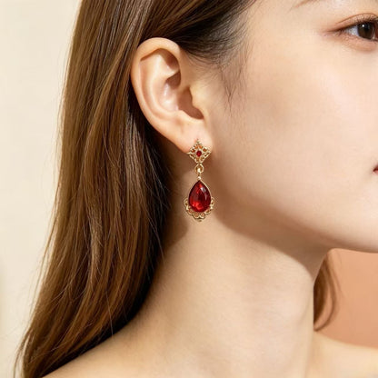 Water Droplets Earrings For Women In Red Alloy With 925 Sterling Silver Studs And Gem Inlay