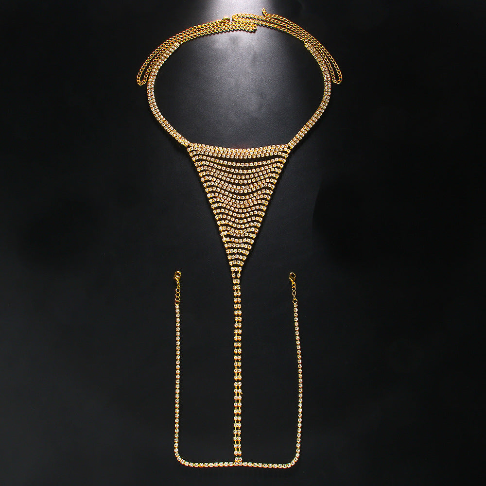 Electroplated Gold Body Chain For Women With White Crystal Rhinestones, Elegant Waist Accessory
