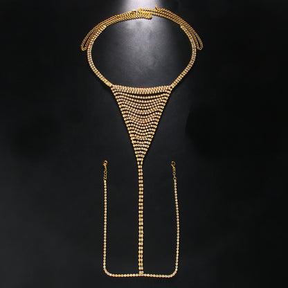 Electroplated Gold Body Chain For Women With White Crystal Rhinestones, Elegant Waist Accessory