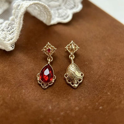 Water Droplets Earrings For Women In Red Alloy With 925 Sterling Silver Studs And Gem Inlay