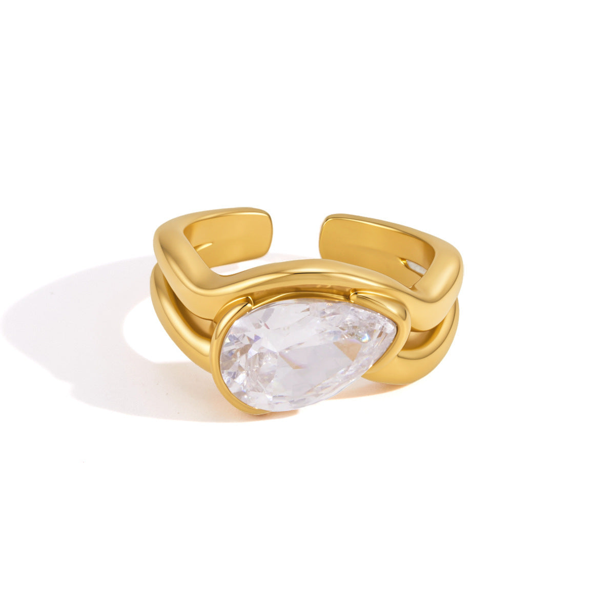 Electroplated Gold Open Ring In Titanium Steel Featuring Zircon Inlay