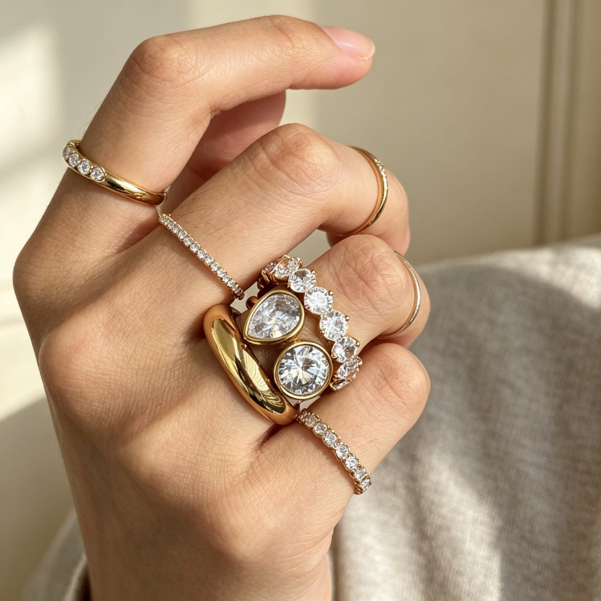 Electroplated Gold Open Ring In Titanium Steel Featuring Zircon Inlay