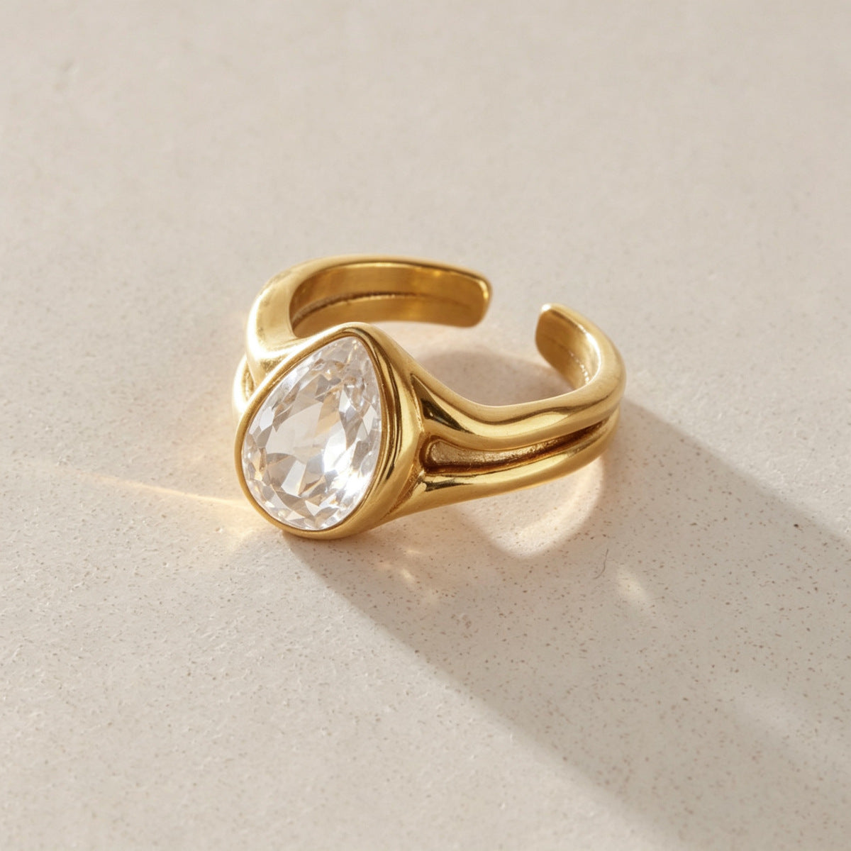 Electroplated Gold Open Ring In Titanium Steel Featuring Zircon Inlay
