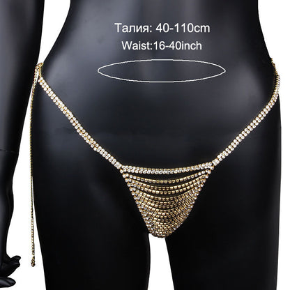 Electroplated Gold Body Chain For Women With White Crystal Rhinestones, Elegant Waist Accessory