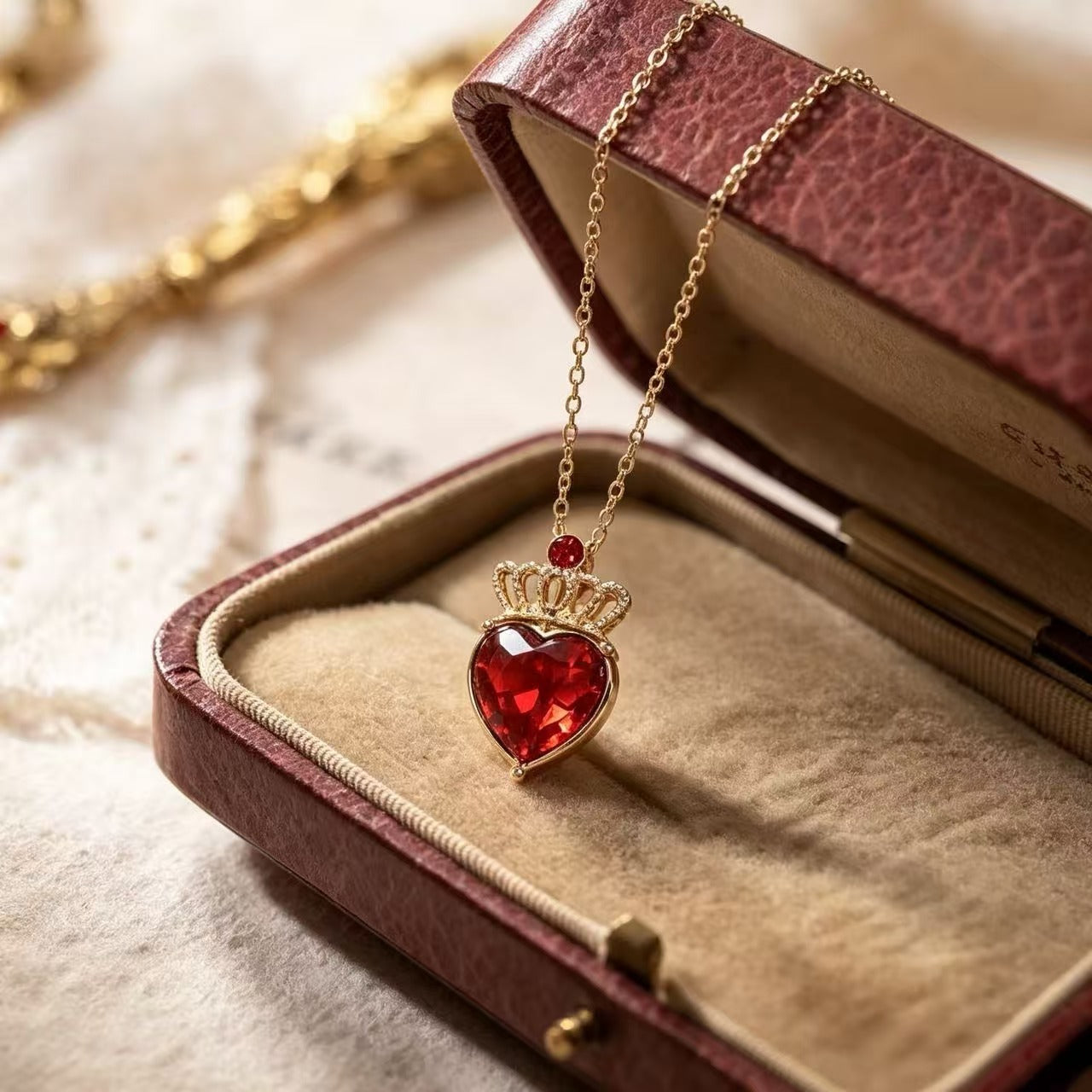 Retro Heart Shape Pendant Necklace For Unisex, Electroplated Alloy With Red Accent